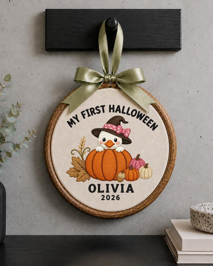 Personalized First Halloween Embroidered Ornament, Custom Baby Halloween Keepsake, Pumpkin Duck Decor, Baby Girl Halloween Gift