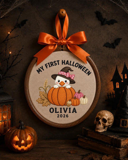 Personalized First Halloween Embroidered Ornament, Custom Baby Halloween Keepsake, Pumpkin Duck Decor, Baby Girl Halloween Gift