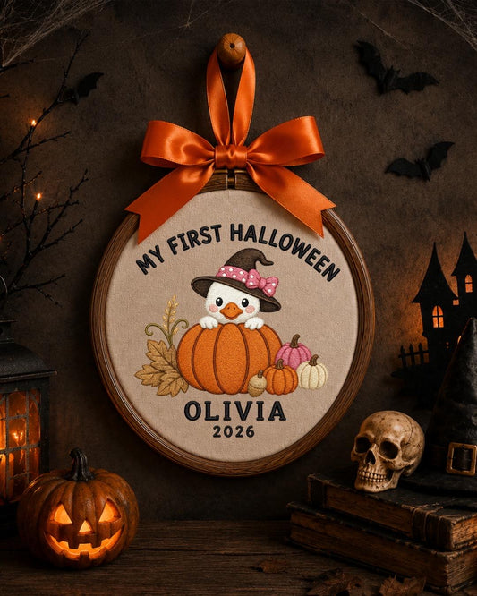Personalized First Halloween Embroidered Ornament, Custom Baby Halloween Keepsake, Pumpkin Duck Decor, Baby Girl Halloween Gift