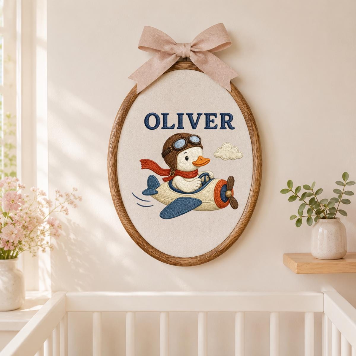 Personalized Aviator Duck Airplane Oval Hoop Art, Custom Name Embroidered Pilot Duckling Vintage Plane Boy Nursery Wall Hanging Sign