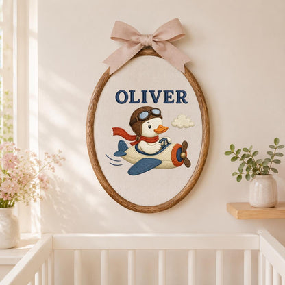 Personalized Aviator Duck Airplane Oval Hoop Art, Custom Name Embroidered Pilot Duckling Vintage Plane Boy Nursery Wall Hanging Sign