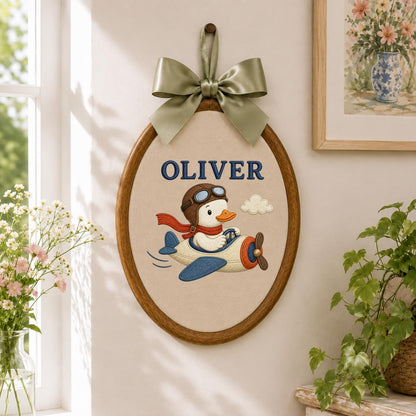 Personalized Aviator Duck Airplane Oval Hoop Art, Custom Name Embroidered Pilot Duckling Vintage Plane Boy Nursery Wall Hanging Sign