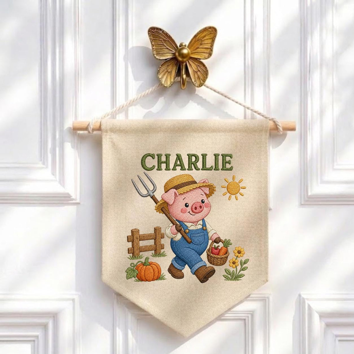 Embroidered Farm Pig Wall Art with Custom Name Charlie - Personalized Animal Decor - Baby Boy Nursery Hanging Canvas Sign