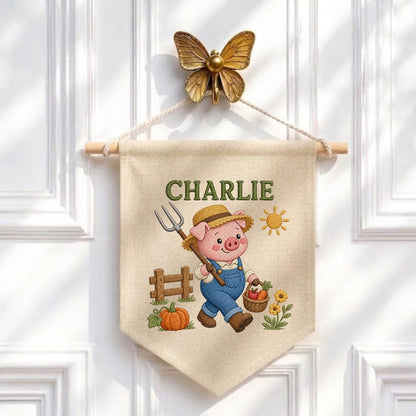 Embroidered Farm Pig Wall Art with Custom Name Charlie - Personalized Animal Decor - Baby Boy Nursery Hanging Canvas Sign