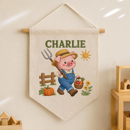 Embroidered Farm Pig Wall Art with Custom Name Charlie - Personalized Animal Decor - Baby Boy Nursery Hanging Canvas Sign