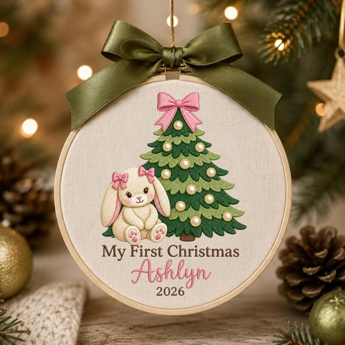May include: A circular wooden embroidery hoop ornament featuring a cream-colored fabric background. The design includes an embroidered green Christmas tree with white ornaments, a cream-colored bunny with pink bows, and the text My First Christmas Ashlyn 2026.