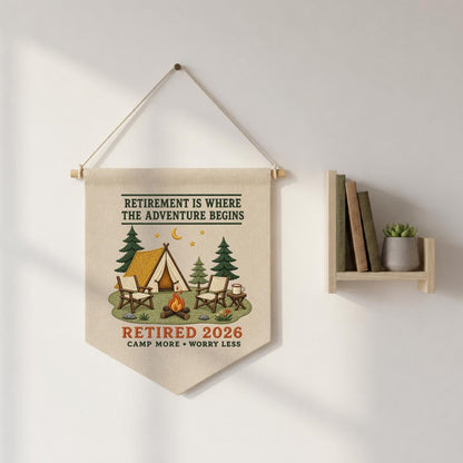 Retirement Adventure Banner, Customised Camping Scene with Beagle Dog, Cooper Name, and Retired 2026 Year - Personalised Wall Decor Gift