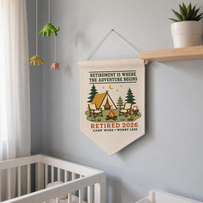 Retirement Adventure Banner, Customised Camping Scene with Beagle Dog, Cooper Name, and Retired 2026 Year - Personalised Wall Decor Gift