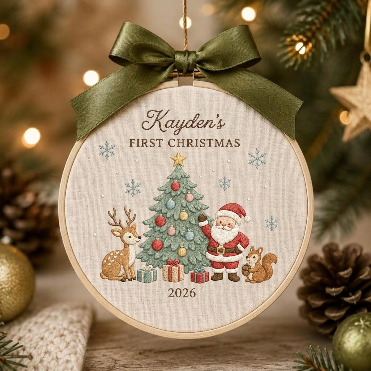 May include: A round embroidery hoop ornament featuring a beige fabric background with the text Kayden's FIRST CHRISTMAS and 2026. The design includes a decorated Christmas tree, Santa Claus, a deer, and a squirrel, topped with a dark olive green bow.