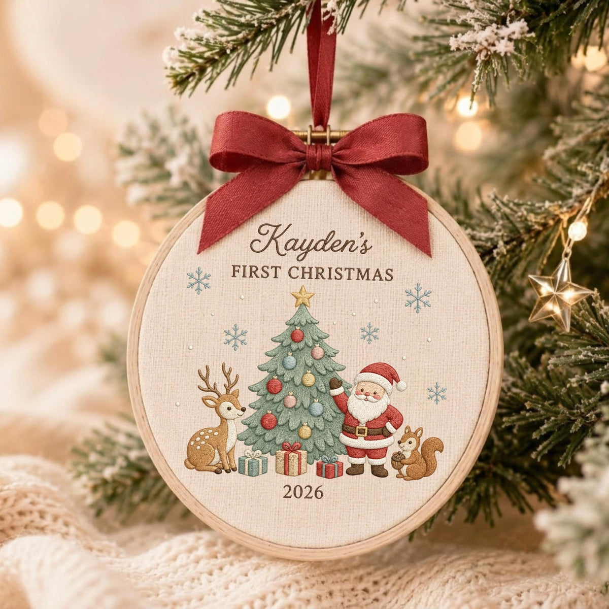 May include: A round embroidery hoop ornament featuring a cream fabric background with a printed illustration of a Christmas tree, Santa Claus, a deer, and a squirrel. The text reads Kayden's FIRST CHRISTMAS and 2026, topped with a dark red ribbon bow.