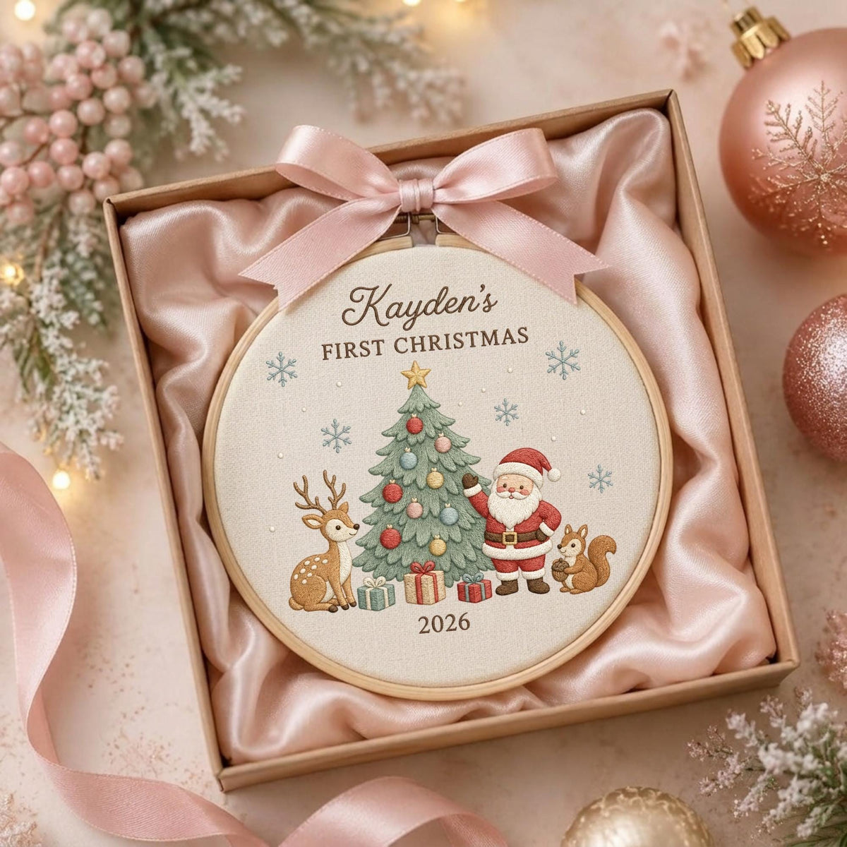 May include: A round wooden embroidery hoop containing fabric with a printed illustration of a Christmas tree, Santa Claus, a deer, and a squirrel. The text reads Kayden's FIRST CHRISTMAS 2026. A light pink satin ribbon is tied at the top of the hoop.