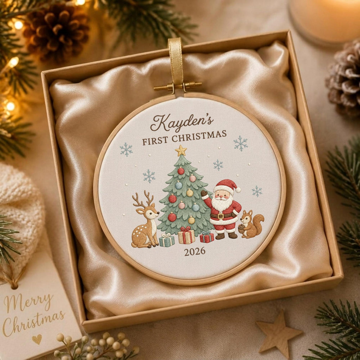 May include: A round wooden embroidery hoop ornament featuring a white fabric center with a printed illustration of a Christmas tree, Santa Claus, a deer, and a squirrel. The text reads Kayden's FIRST CHRISTMAS 2026 with blue snowflake accents.