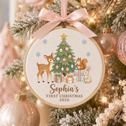 May include: A round wooden embroidery hoop ornament featuring a light fabric background with a printed illustration of a deer, squirrel, and rabbit near a decorated Christmas tree and gifts. Text reads Sophia's FIRST CHRISTMAS 2026. A pink satin bow is tied at the top.
