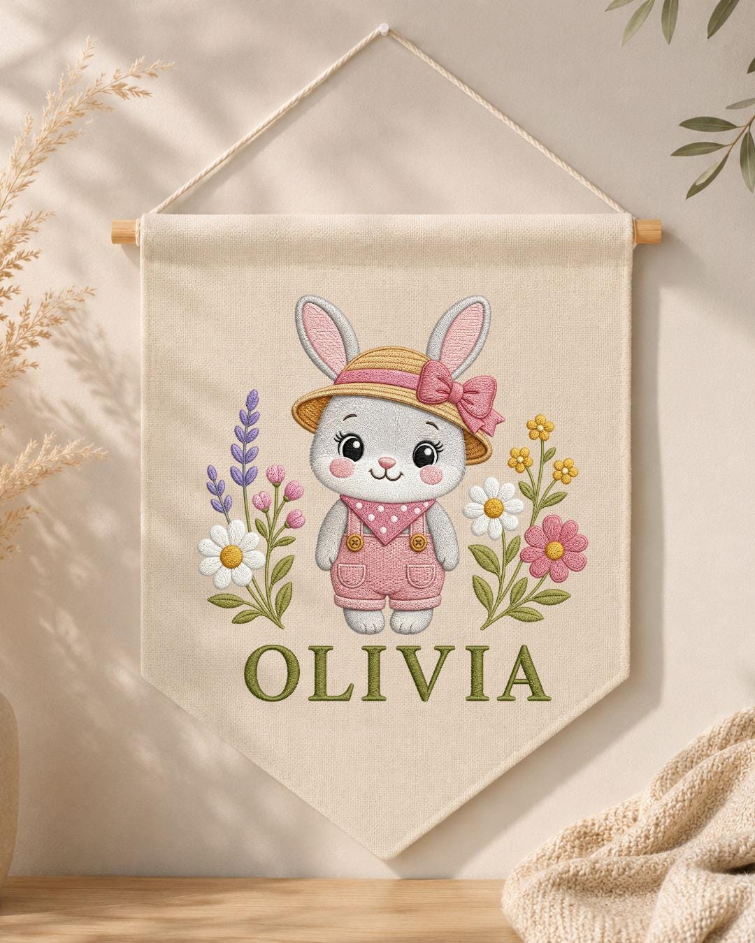 Personalized Bunny Nursery Wall Hanging, Custom Name Embroidered Banner, Floral Rabbit Baby Girl Room Decor, Spring Nursery Gift