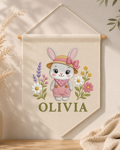 Personalized Bunny Nursery Wall Hanging, Custom Name Embroidered Banner, Floral Rabbit Baby Girl Room Decor, Spring Nursery Gift