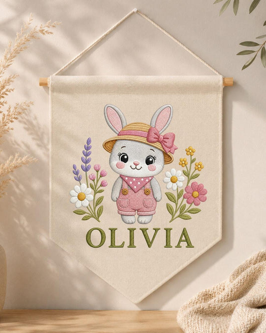 Personalized Bunny Nursery Wall Hanging, Custom Name Embroidered Banner, Floral Rabbit Baby Girl Room Decor, Spring Nursery Gift