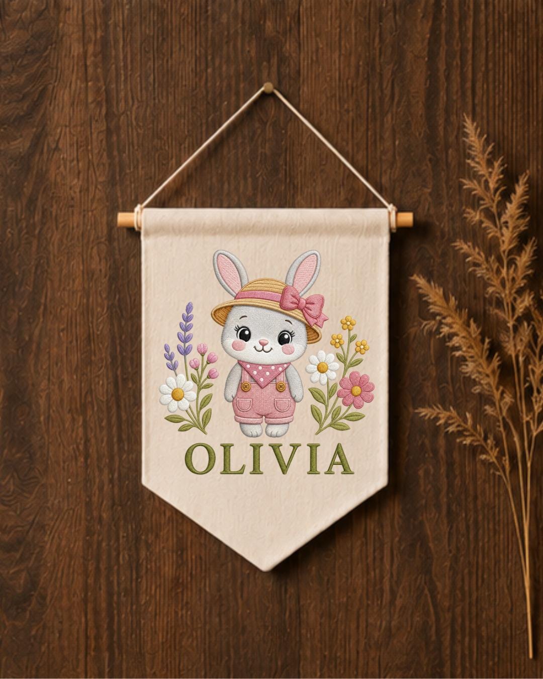 Personalized Bunny Nursery Wall Hanging, Custom Name Embroidered Banner, Floral Rabbit Baby Girl Room Decor, Spring Nursery Gift