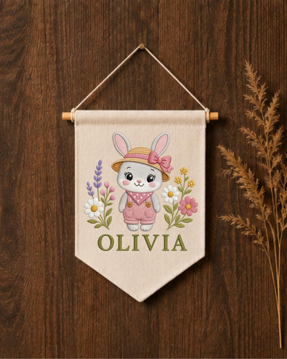Personalized Bunny Nursery Wall Hanging, Custom Name Embroidered Banner, Floral Rabbit Baby Girl Room Decor, Spring Nursery Gift