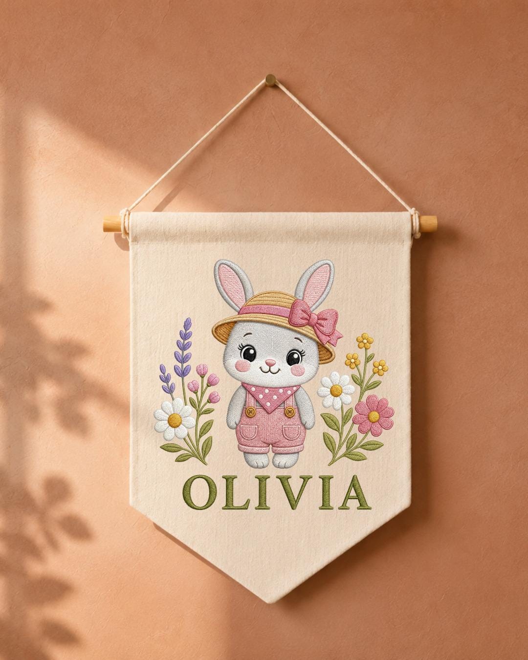 Personalized Bunny Nursery Wall Hanging, Custom Name Embroidered Banner, Floral Rabbit Baby Girl Room Decor, Spring Nursery Gift