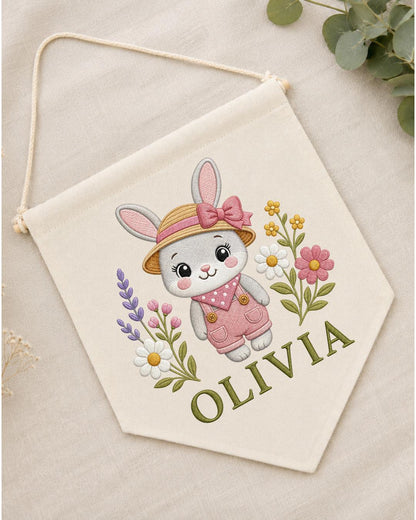 Personalized Bunny Nursery Wall Hanging, Custom Name Embroidered Banner, Floral Rabbit Baby Girl Room Decor, Spring Nursery Gift