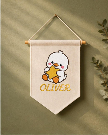 Personalized Duck Nursery Wall Hanging, Custom Name Embroidered Banner, Cute Baby Duck Star Nursery Decor, Baby Boy Room Gift