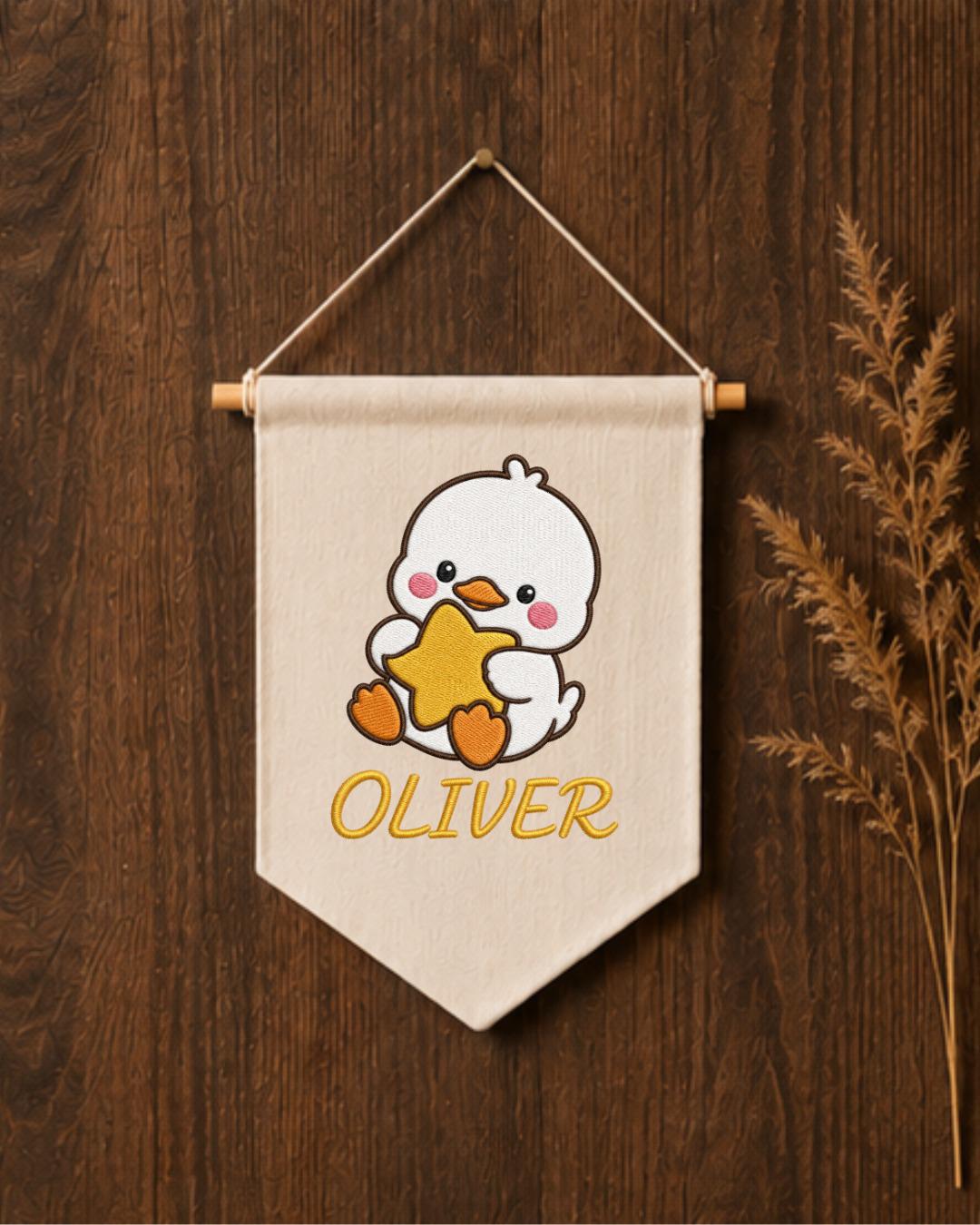 Personalized Duck Nursery Wall Hanging, Custom Name Embroidered Banner, Cute Baby Duck Star Nursery Decor, Baby Boy Room Gift