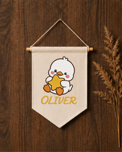 Personalized Duck Nursery Wall Hanging, Custom Name Embroidered Banner, Cute Baby Duck Star Nursery Decor, Baby Boy Room Gift