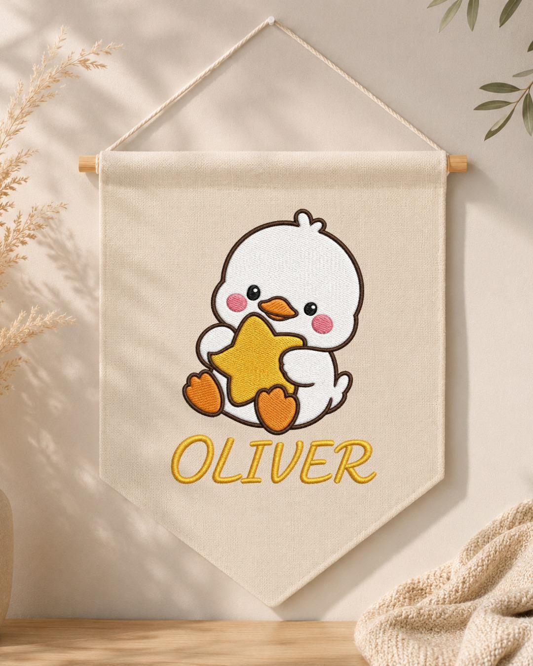 Personalized Duck Nursery Wall Hanging, Custom Name Embroidered Banner, Cute Baby Duck Star Nursery Decor, Baby Boy Room Gift
