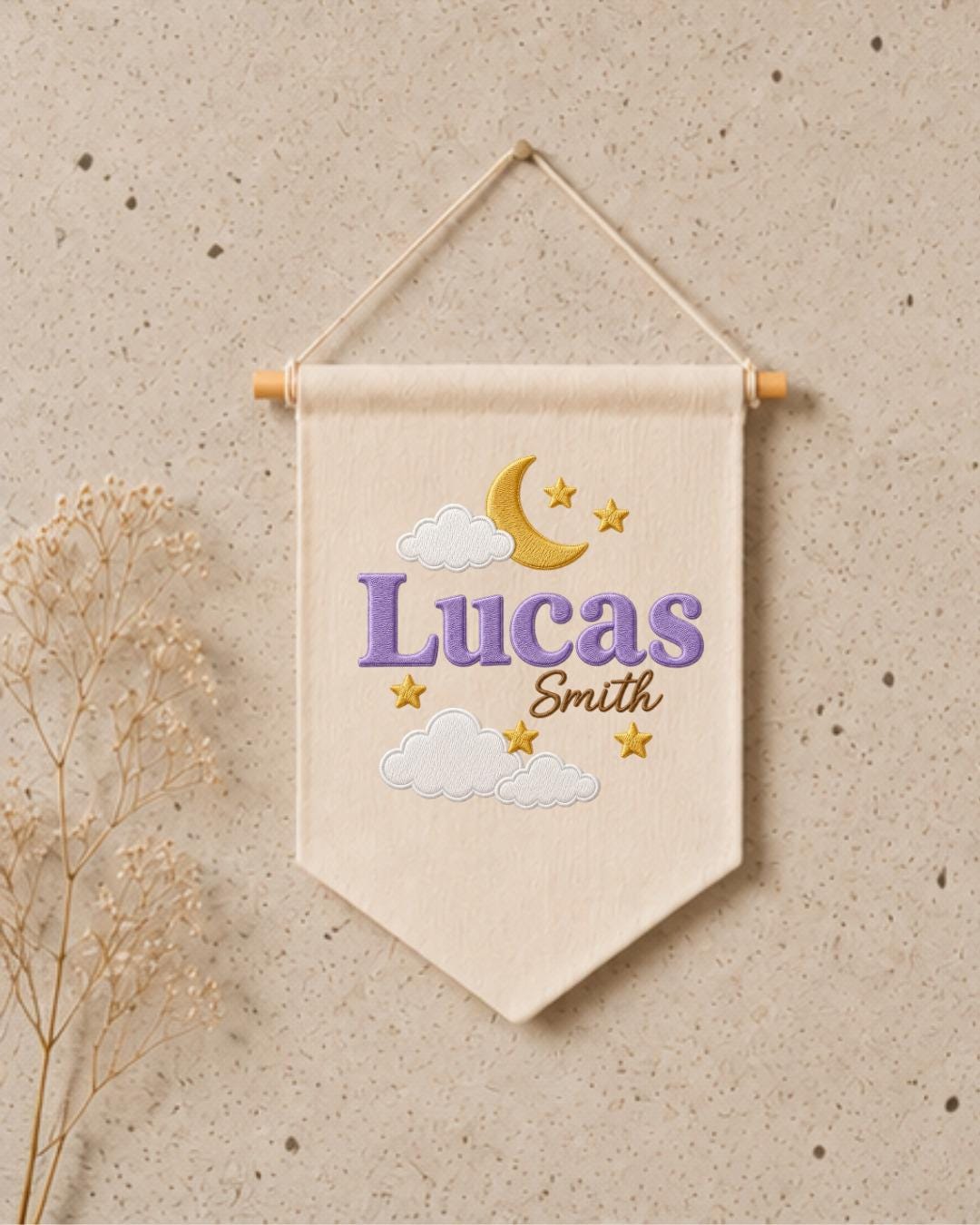 Personalized Moon and Stars Nursery Wall Hanging, Custom Name Embroidered Banner, Baby Boy Celestial Room Decor, Nursery Name Sign Gift