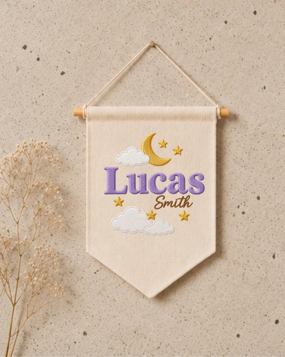 Personalized Moon and Stars Nursery Wall Hanging, Custom Name Embroidered Banner, Baby Boy Celestial Room Decor, Nursery Name Sign Gift