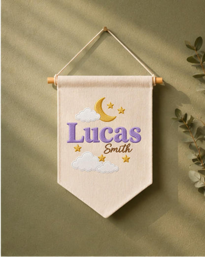 Personalized Moon and Stars Nursery Wall Hanging, Custom Name Embroidered Banner, Baby Boy Celestial Room Decor, Nursery Name Sign Gift