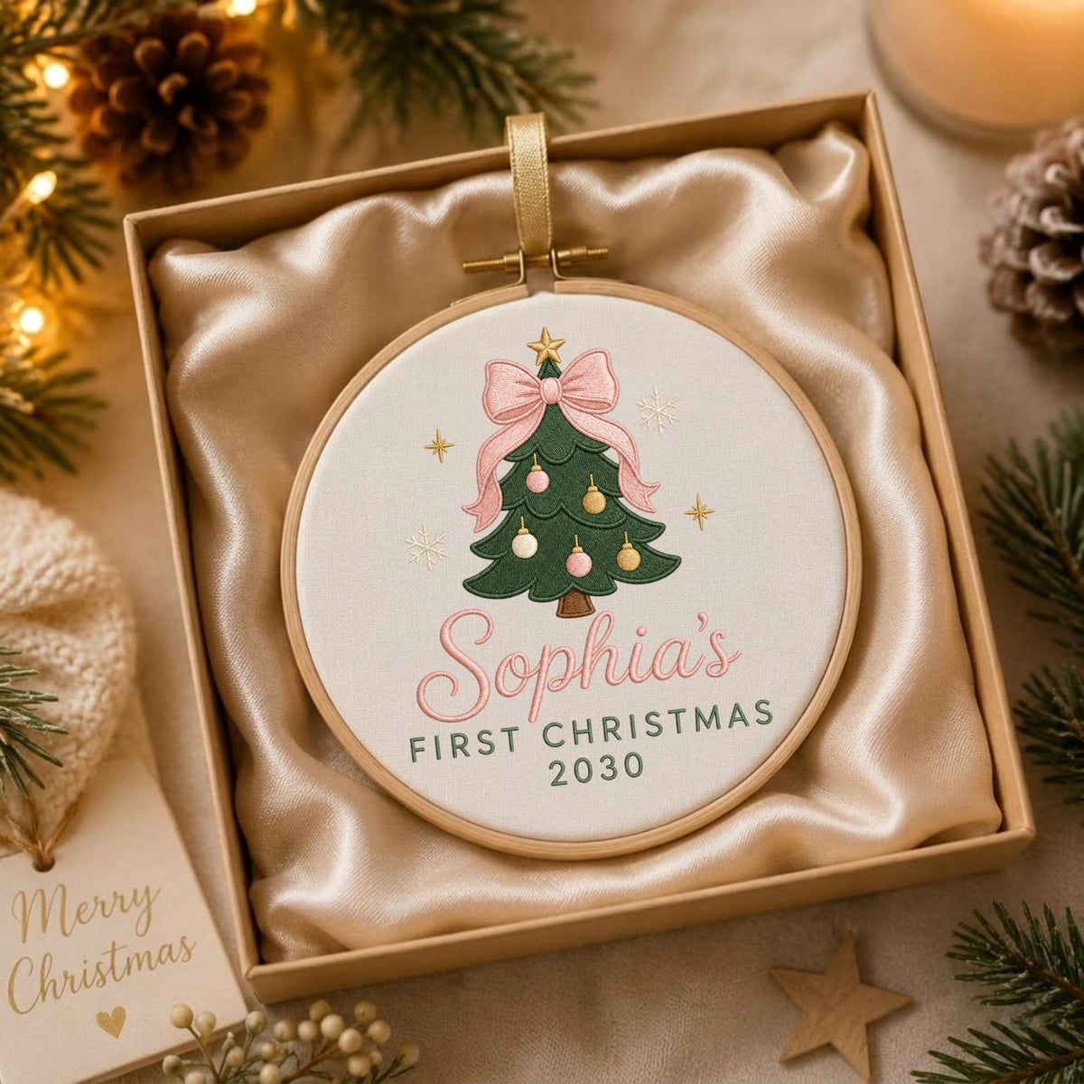 May include: A round embroidery hoop ornament featuring a green Christmas tree with pink and gold baubles, topped with a gold star and a pink bow. The text reads Sophia's FIRST CHRISTMAS 2030 in pink and green script and block lettering.