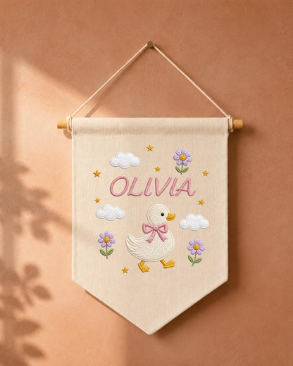 Personalized Goose Nursery Wall Hanging, Custom Name Embroidered Banner, Floral Duck Baby Girl Room Decor, Cute Nursery Gift