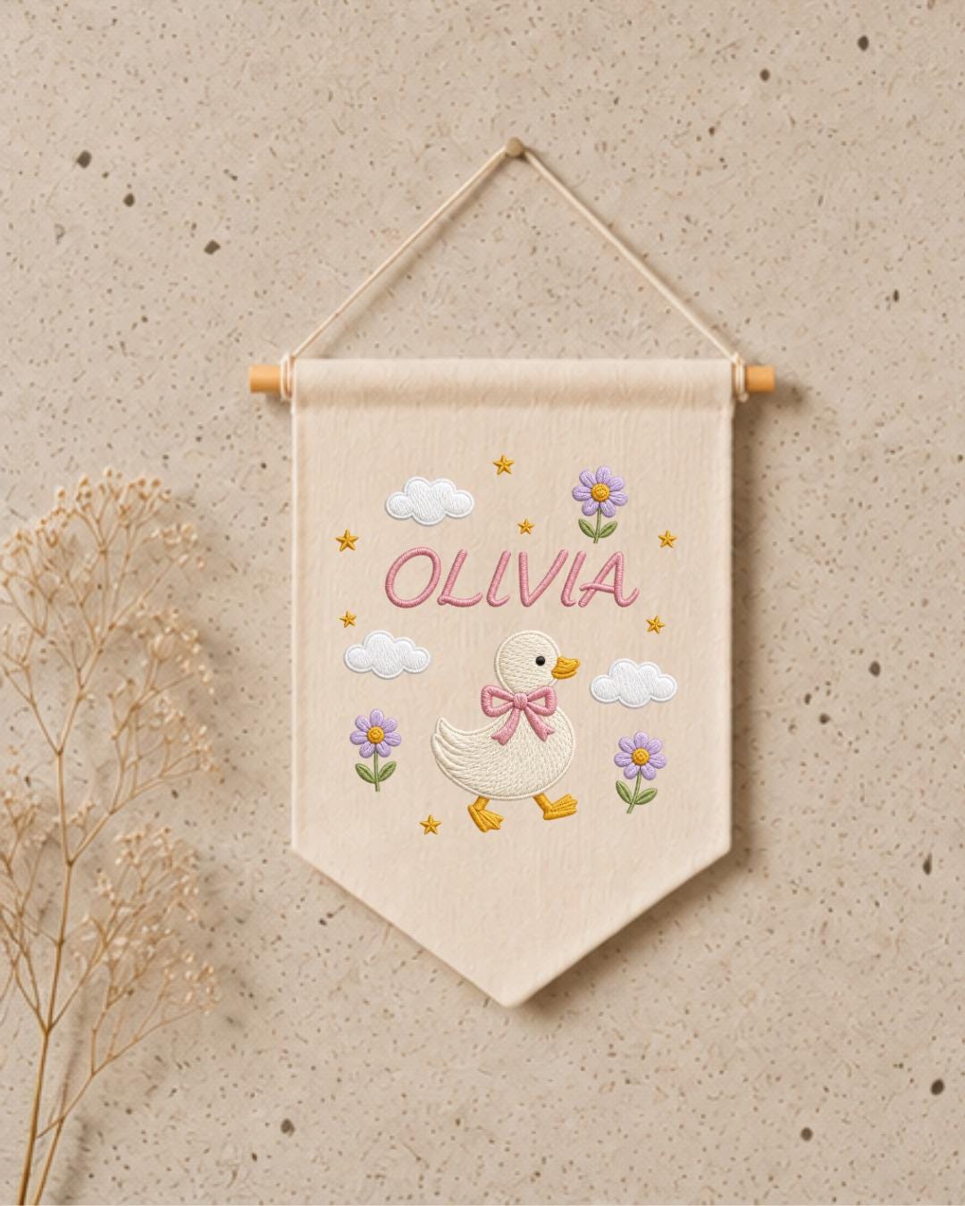 Personalized Goose Nursery Wall Hanging, Custom Name Embroidered Banner, Floral Duck Baby Girl Room Decor, Cute Nursery Gift