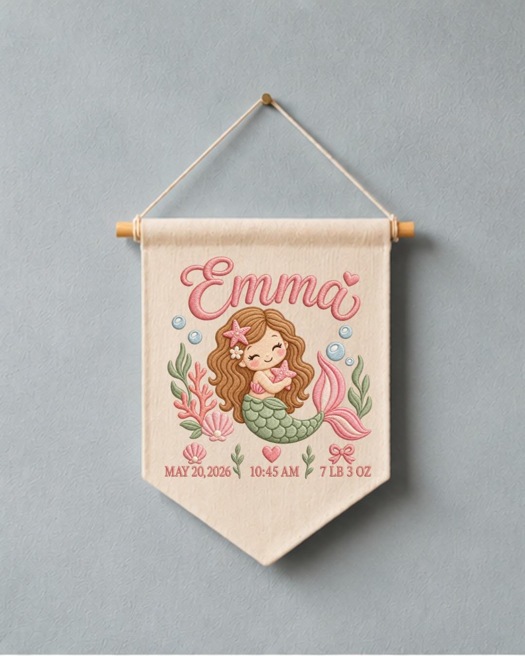 Personalized Mermaid Birth Stats Wall Hanging, Custom Name Embroidered Banner, Baby Girl Nursery Decor, Newborn Keepsake Gift