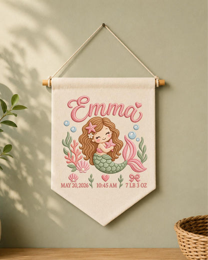 Personalized Mermaid Birth Stats Wall Hanging, Custom Name Embroidered Banner, Baby Girl Nursery Decor, Newborn Keepsake Gift