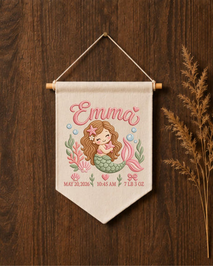 Personalized Mermaid Birth Stats Wall Hanging, Custom Name Embroidered Banner, Baby Girl Nursery Decor, Newborn Keepsake Gift