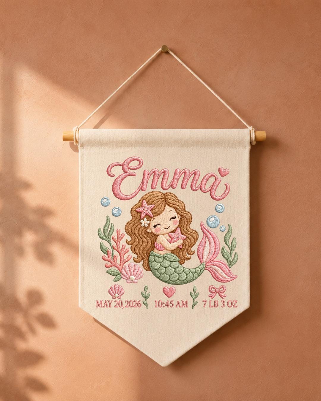 Personalized Mermaid Birth Stats Wall Hanging, Custom Name Embroidered Banner, Baby Girl Nursery Decor, Newborn Keepsake Gift