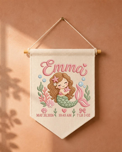Personalized Mermaid Birth Stats Wall Hanging, Custom Name Embroidered Banner, Baby Girl Nursery Decor, Newborn Keepsake Gift