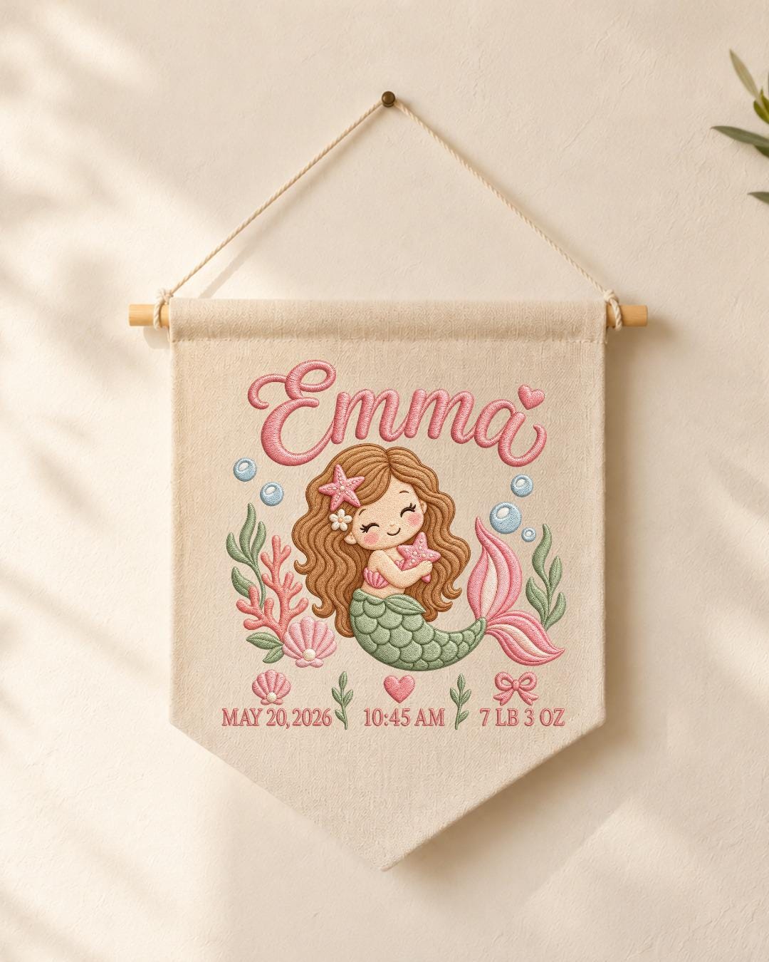 Personalized Mermaid Birth Stats Wall Hanging, Custom Name Embroidered Banner, Baby Girl Nursery Decor, Newborn Keepsake Gift