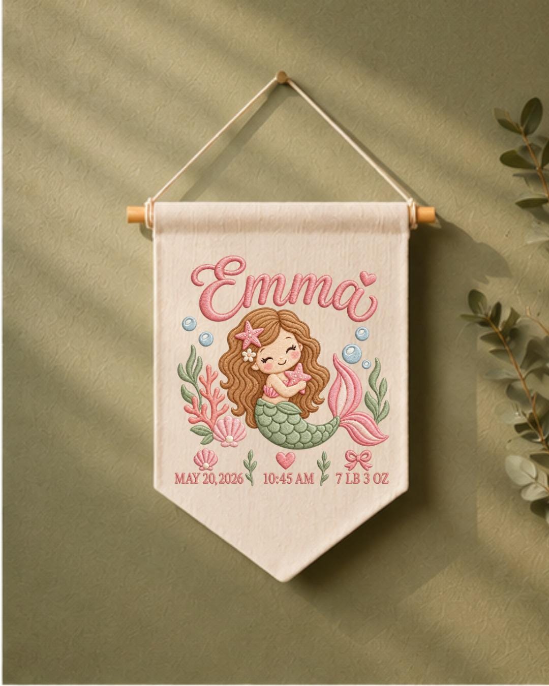Personalized Mermaid Birth Stats Wall Hanging, Custom Name Embroidered Banner, Baby Girl Nursery Decor, Newborn Keepsake Gift