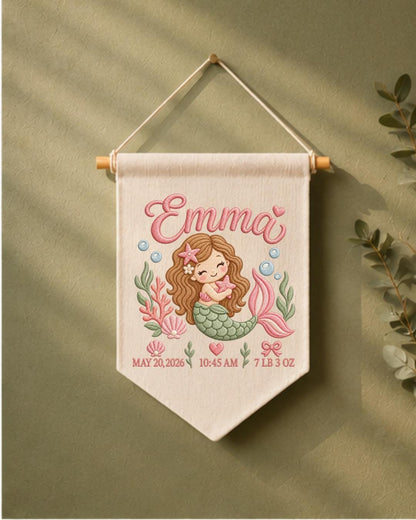 Personalized Mermaid Birth Stats Wall Hanging, Custom Name Embroidered Banner, Baby Girl Nursery Decor, Newborn Keepsake Gift
