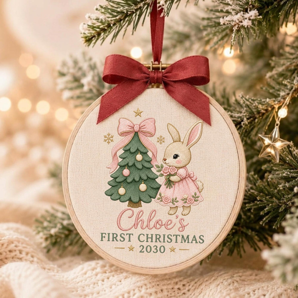 May include: A round wooden embroidery hoop ornament featuring a cream fabric background. It displays a green Christmas tree with pink ornaments, a pink bow, and a rabbit in a pink dress holding flowers. Text reads: Chloe's FIRST CHRISTMAS 2030.