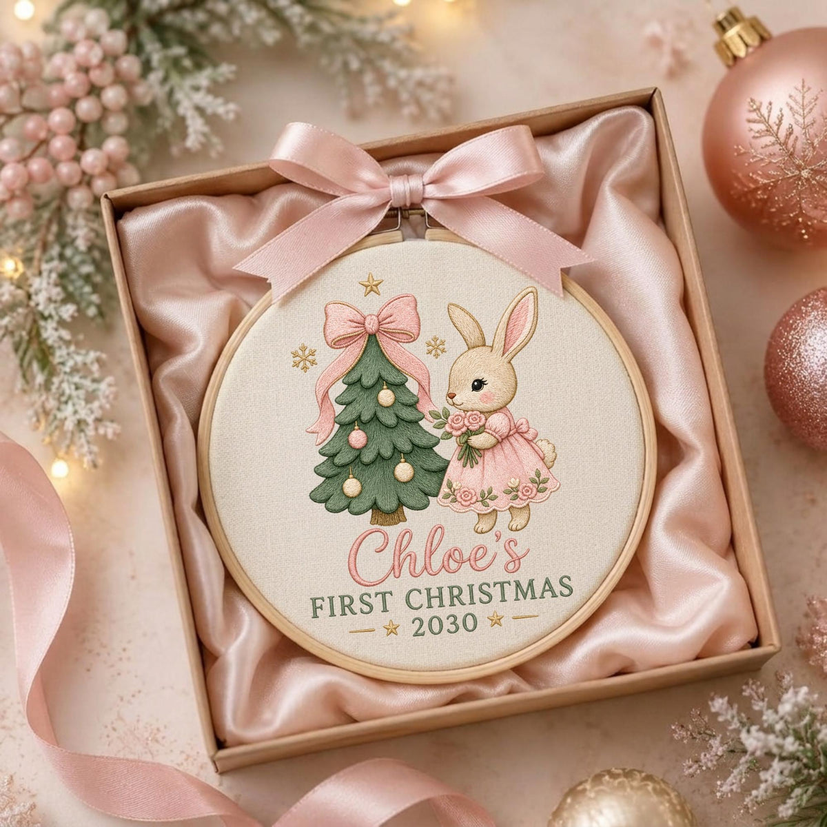 May include: A round wooden embroidery hoop featuring a printed illustration of a rabbit in a pink dress holding flowers next to a decorated Christmas tree. The text reads Chloe's FIRST CHRISTMAS 2030. A pink satin ribbon is tied at the top.