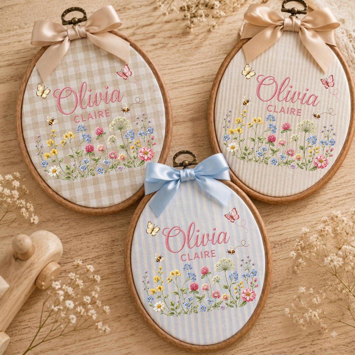 May include: Three oval wooden embroidery hoops featuring fabric backgrounds with beige gingham, vertical stripes, and blue stripes. Each hoop displays the name Olivia Claire in pink script, surrounded by colorful wildflowers, butterflies, and bees, topped with a satin bow.