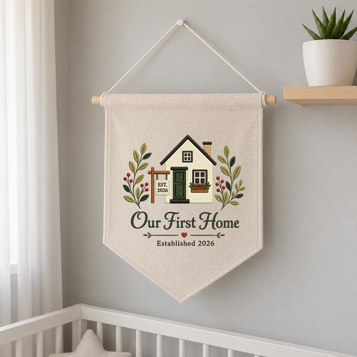 Embroidered Our First Home 2026 Custom Pennant Banner - Personalized Couple's Gift for New Home - Handmade Wall Decor