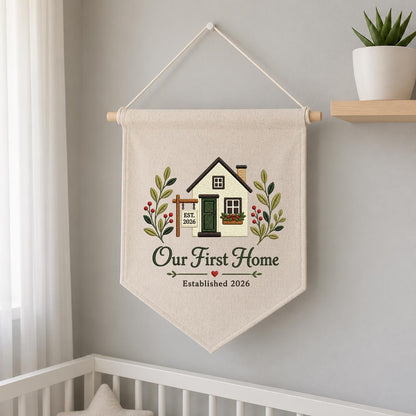 Embroidered Our First Home 2026 Custom Pennant Banner - Personalized Couple's Gift for New Home - Handmade Wall Decor
