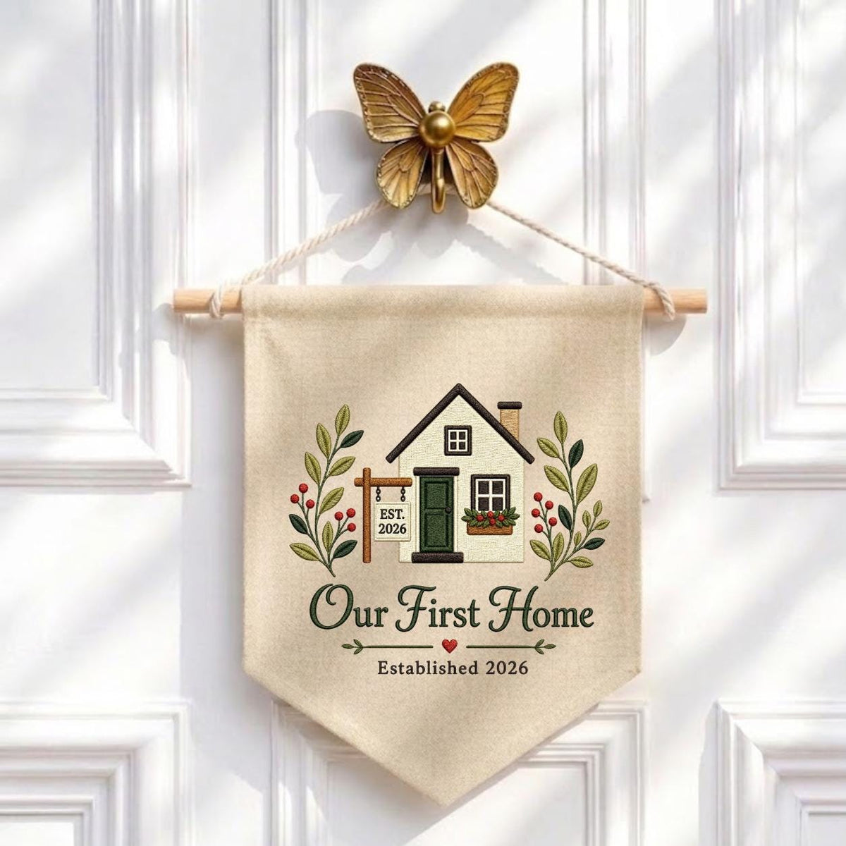 Embroidered Our First Home 2026 Custom Pennant Banner - Personalized Couple's Gift for New Home - Handmade Wall Decor
