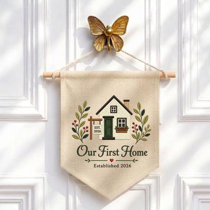 Embroidered Our First Home 2026 Custom Pennant Banner - Personalized Couple's Gift for New Home - Handmade Wall Decor