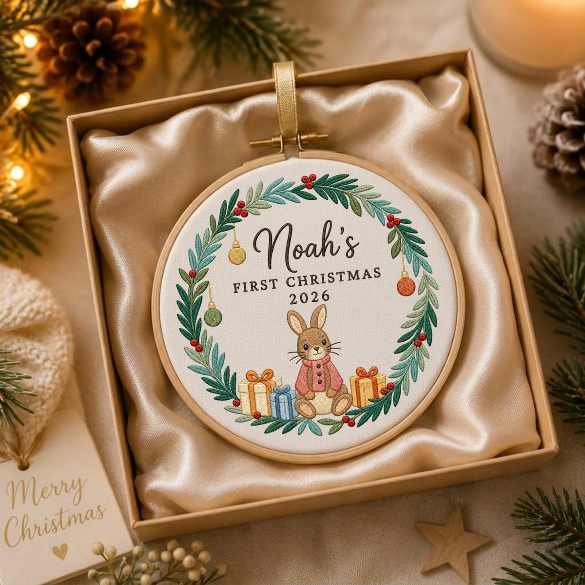 May include: A round wooden embroidery hoop containing white fabric with a stitched wreath of green leaves and red berries. The text reads Noah's FIRST CHRISTMAS 2026 above a stitched illustration of a brown rabbit wearing a pink sweater near gifts.